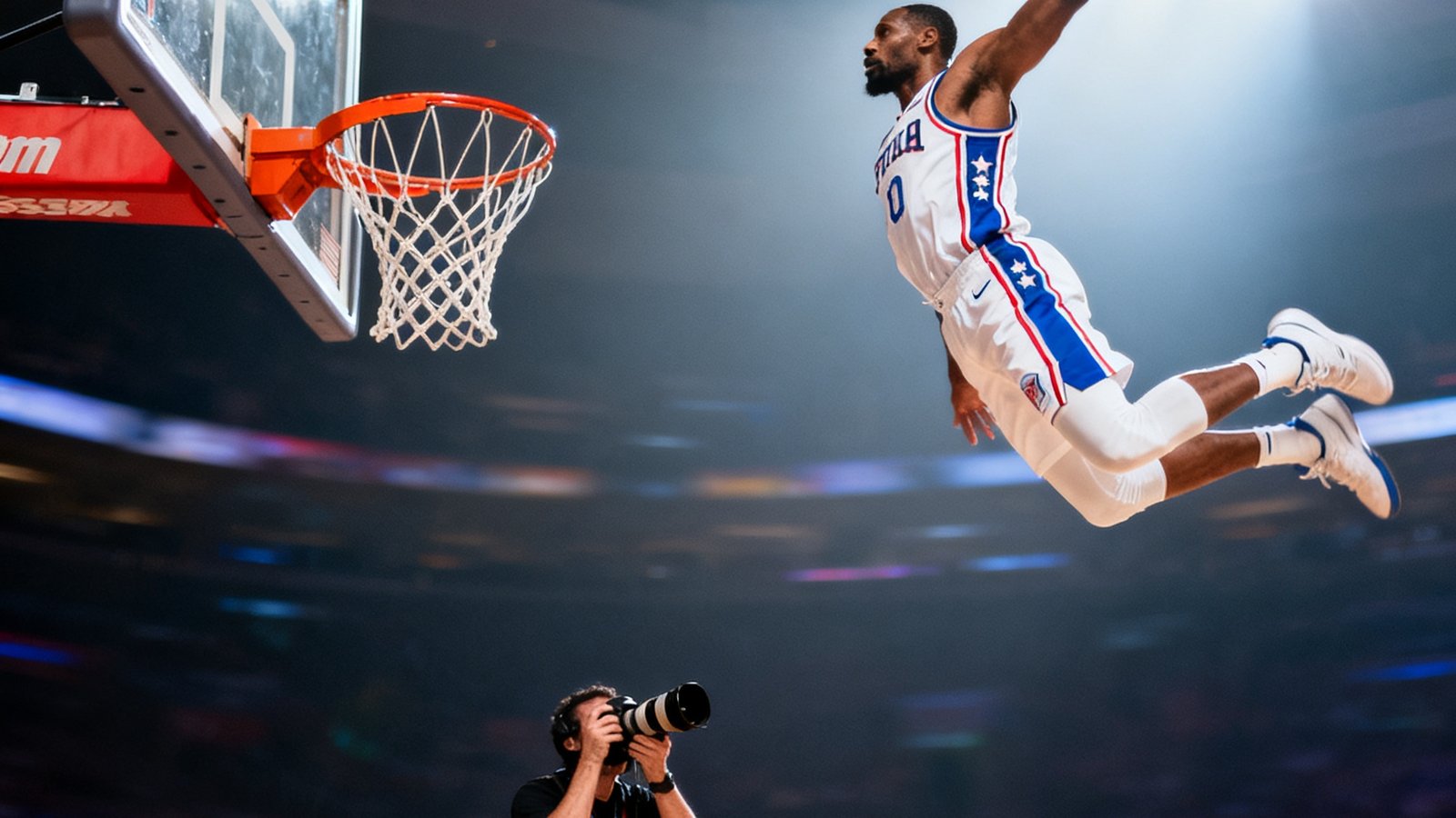 NBA比赛精彩扣篮集锦，一名球员飞身起跳单手劈扣，篮筐下方摄影师正在抓拍